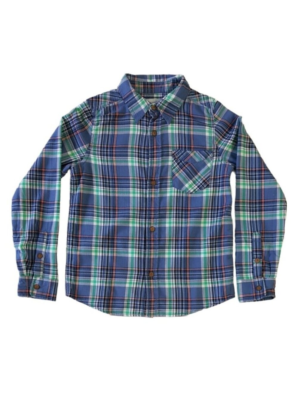 Sonoma Boys Plaid Button Shirt Blue Green Size 7X Pocket Long Sleeve 100% Cotton